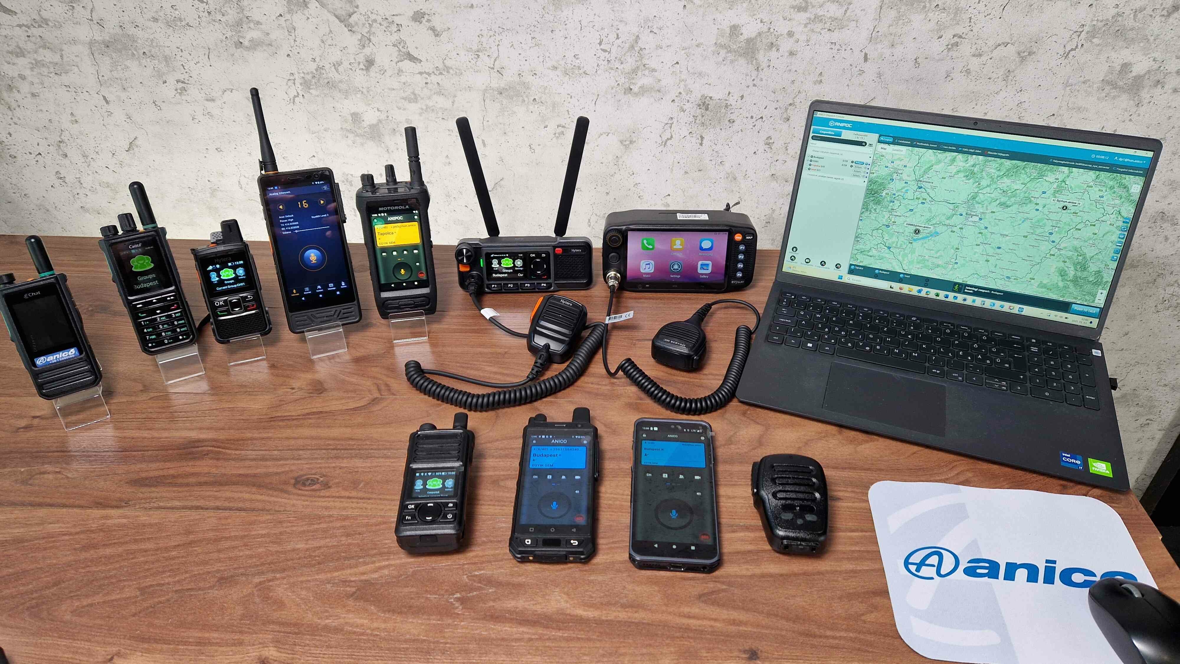 ANIPOC application installed on PoC transceivers from numerous manufacturers, and ANIPOC dispatcher application on a Windows-based laptop